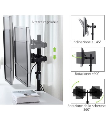 Supporto da Scrivania per 2 Monitor 13-27'' Diametro 48 mm ad Altezza Regolabile con Morsetto a C